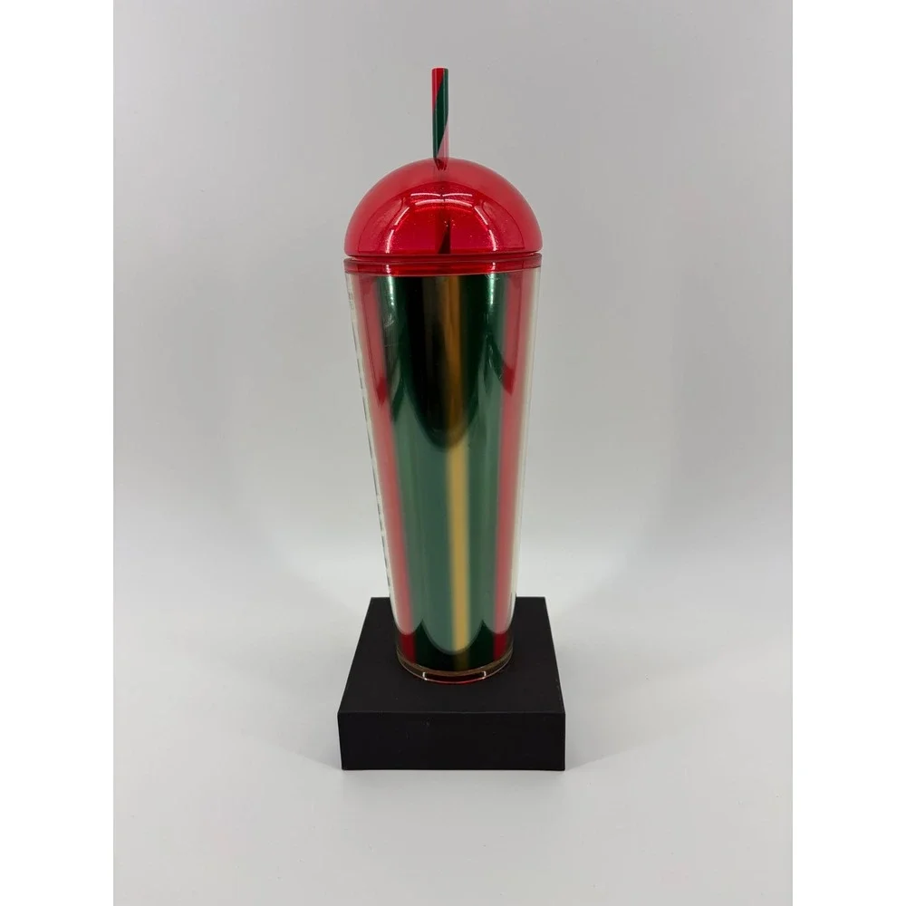 Starbucks 24oz Red Green Gold Striped Limited Edition Holiday Dome Lid Cold Cup